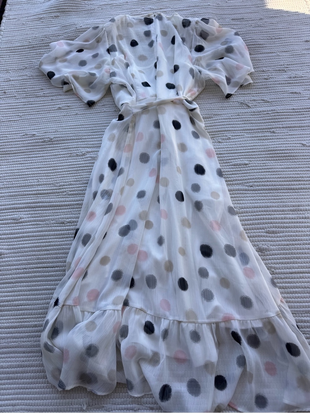 Calvin Klein Polka Dot Chiffon Wrap Dress Ruffle Hem Flutter Sleeve 12 - Picture 16 of 16